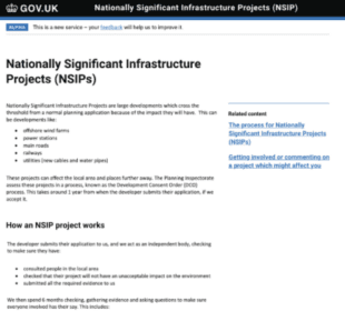 Screenshot of explanation text for nationally significant infrastructure projects