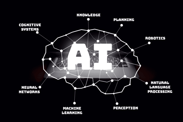 The words AI within a brain shape, with related words surrounding the brain