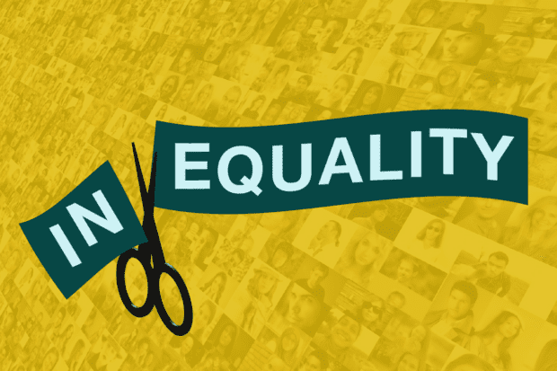 Equality label with thumbnail images of people behind