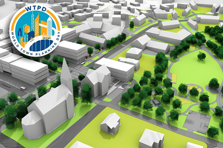3d image of a town plan with World Town Planning Day logo