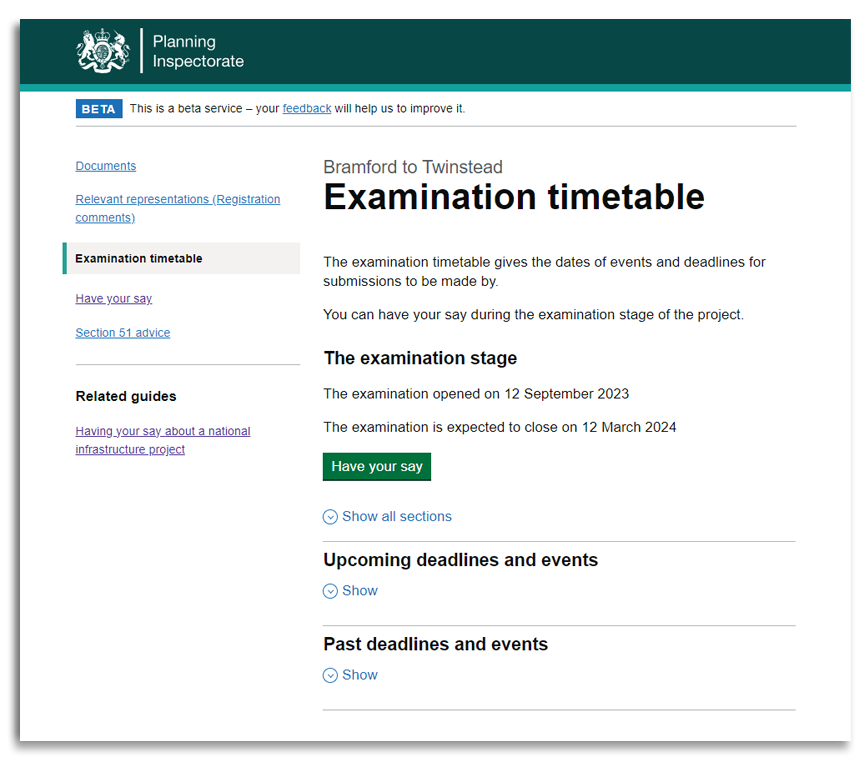 Screenshot of examination timetable page