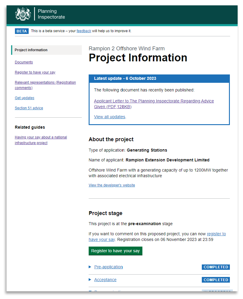 Screenshot of project overview page