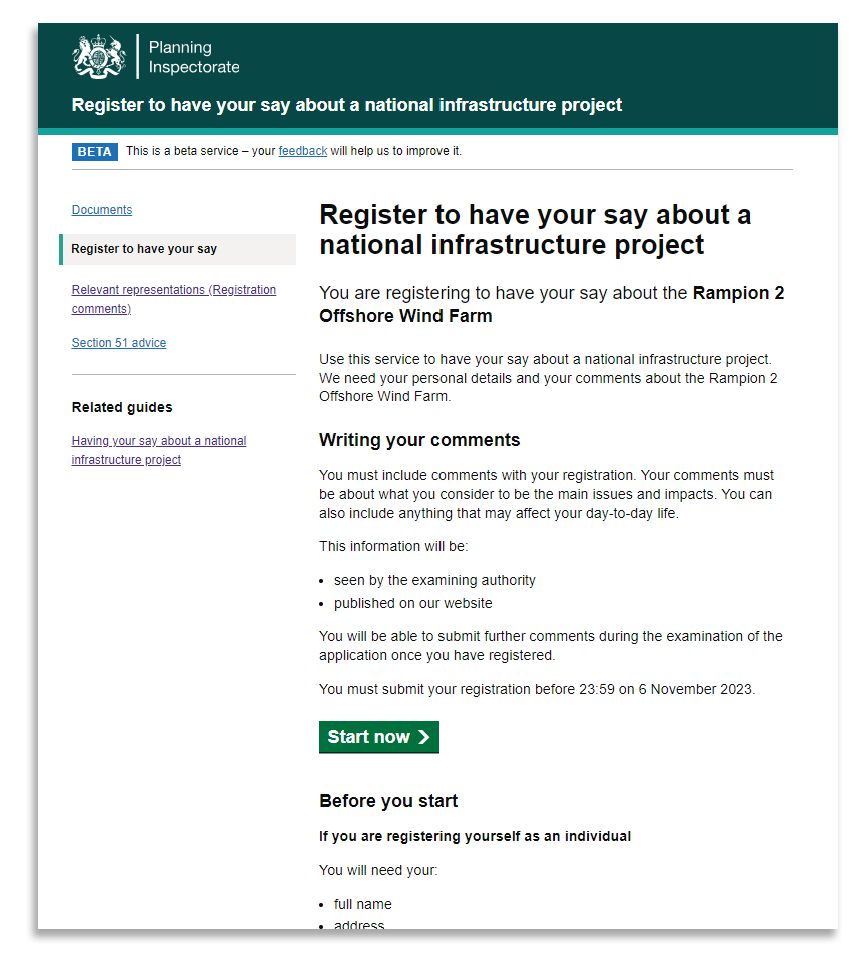 Screenshot of register to have your say page