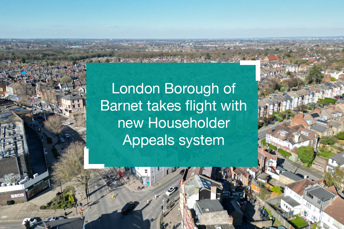 Aerial view of residential area. Text over says "London Borough of Barnet takes flight with new Householder Appeals system."