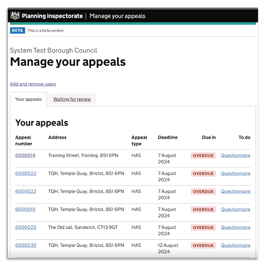 Screenshot showing the new LPA Dashboard with a list of appeals in progress